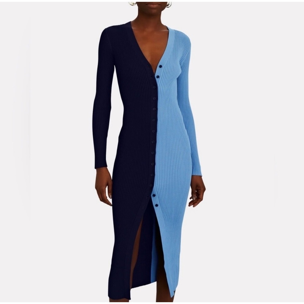 New STAUD Shoko Sweater Dress Blue Navy Colorblock Ribbed Size Medium Womens